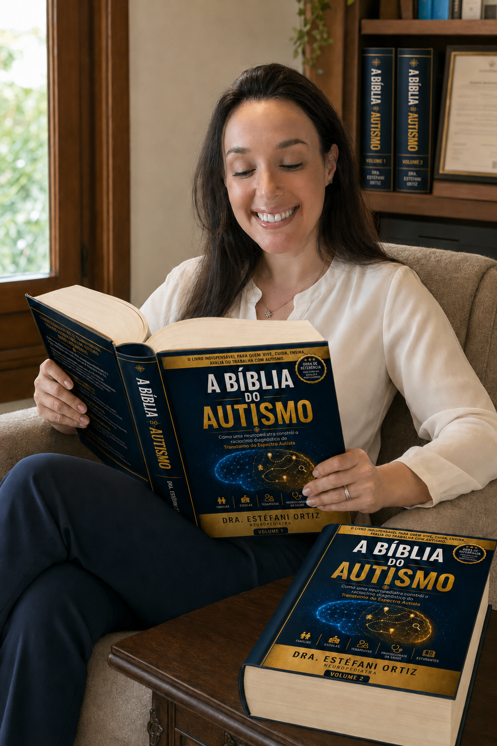 Dra. Estéfani Ortiz com os dois volumes físicos de A Bíblia do Autismo